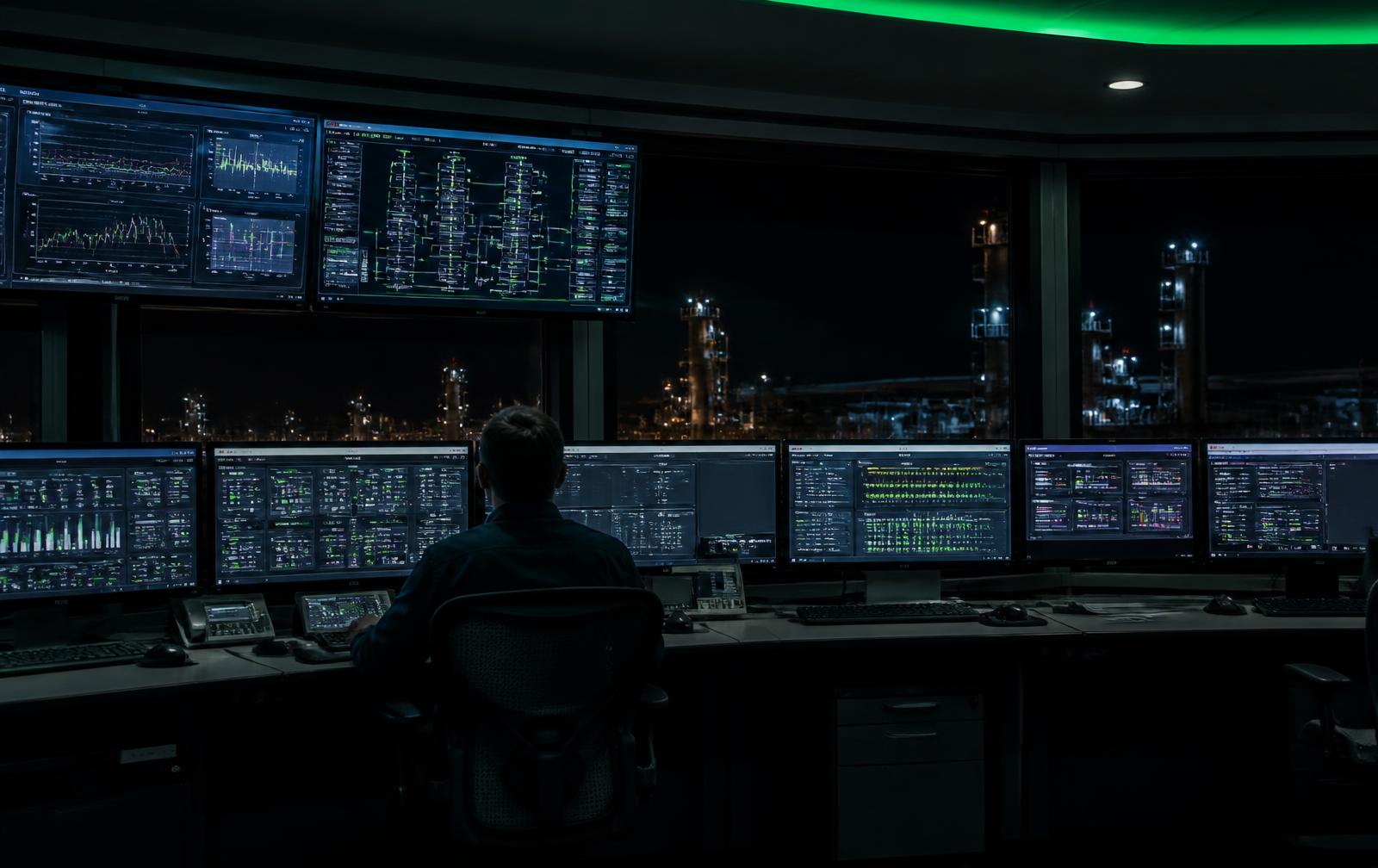 Industrial control room at night with an operator monitoring plant performance across a bank of screens